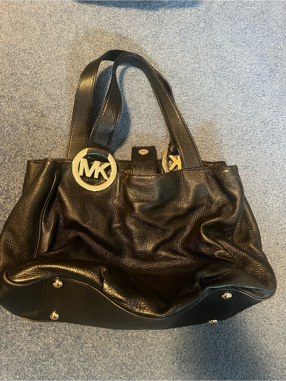 Michael Kors Black Leather Tote with Gold MK Medallions - Picture 1 of 1
